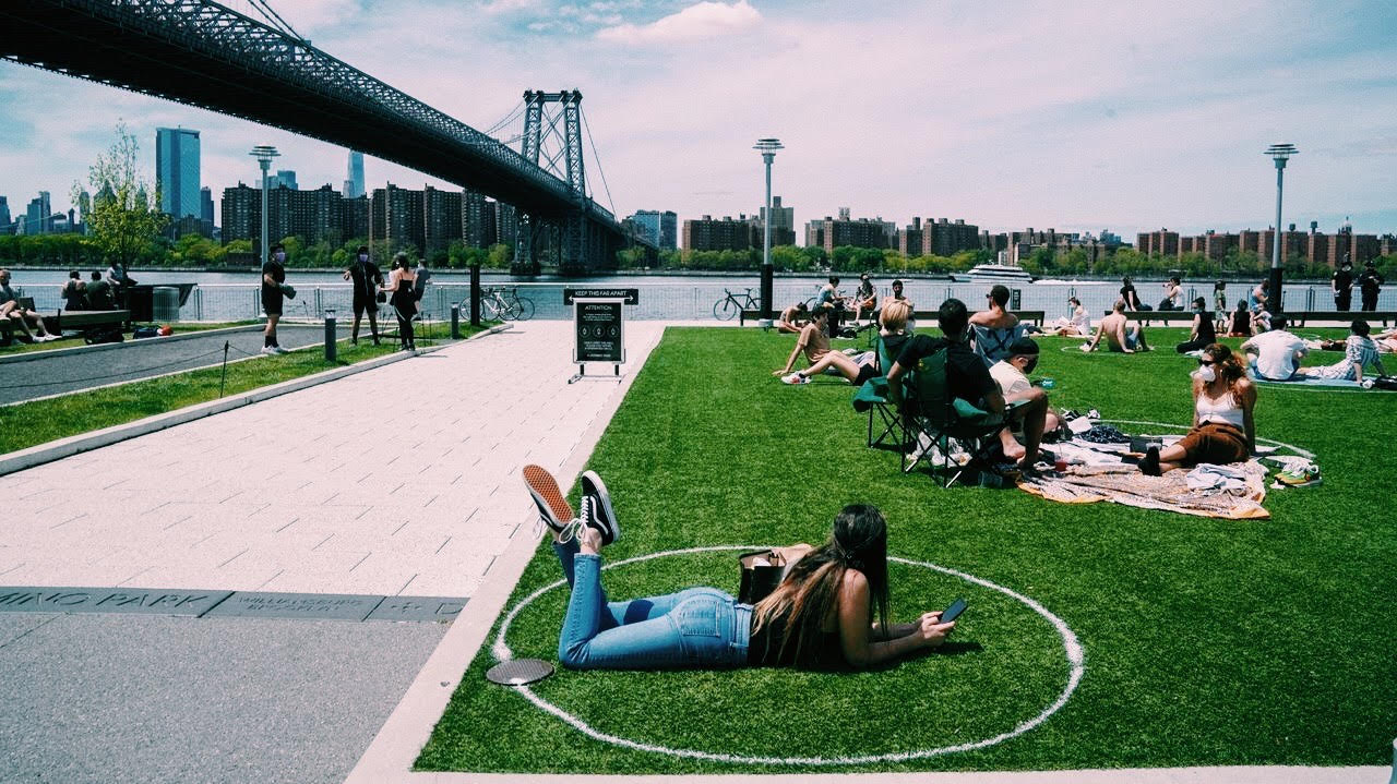Círculos sobre el césped de Nueva York para marcar la distancia social (2)
